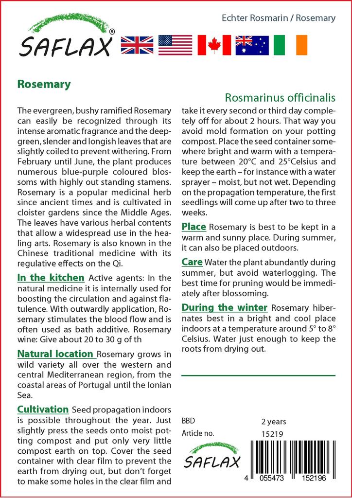 SAFLAX Garden in the Bag - Розмарин - 100 семян - С субстратом в подходящем пакете-стойке - Rosmarinus officinalis