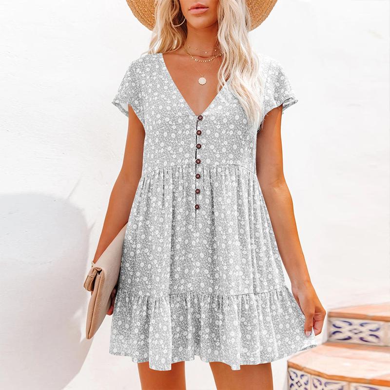 Summer Women'S Chiffon Dress Sexy V-Neck Floral Mini Beach Dresses Fashion Ruffles Button Loose Femme Sundress Vestido