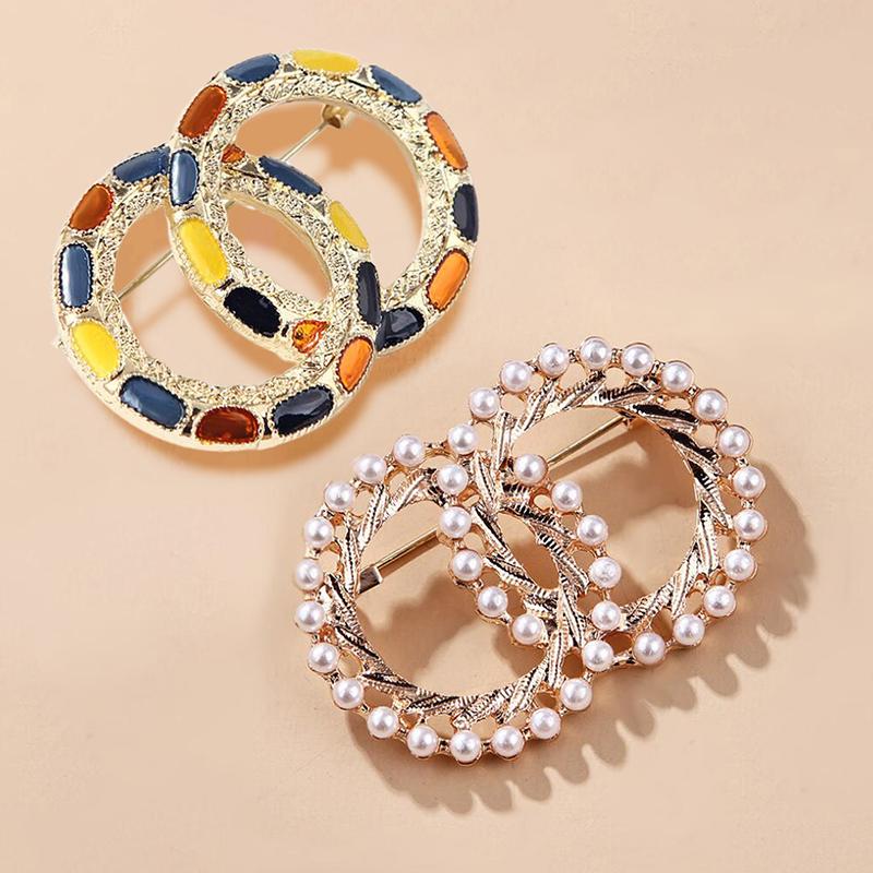 Pearl Colorful Enamel Double Circle Brooch Coat Scarf Pin Luxury Jewelry