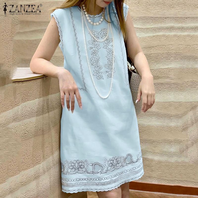 ZANZEA Women Casual Round Neck Summer Sleeveless Print Dress