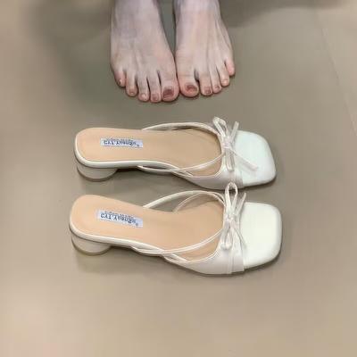 Новый стиль Роскошные дизайнерские летние женские тапочки с кружевом и бантом-бабочкой Повседневные на толстом низком каблуке Платье Уличный стиль Шлепанцы Zapatos Mujer