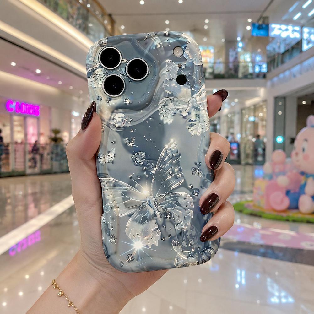 Transparent Glitter Butterfly Water Wave Wavy Edge Phone Case For iPhone 17 16 15 14 13 12 11 8 7 Plus Pro Max Sparkle