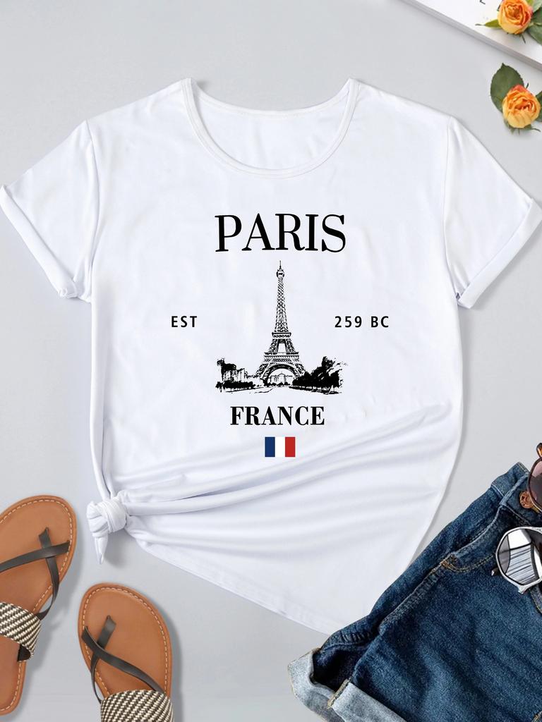 Paris Eiffel Tower Print T-shirt, Casual Crew Neck Short Sleeve Top For Spring & Summer, Women's Clothing