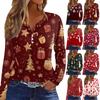 Women's T Shirt Tee Christmas Print Button Long Sleeve Daily Weekend Fashion Basic V- Neck Regular Top