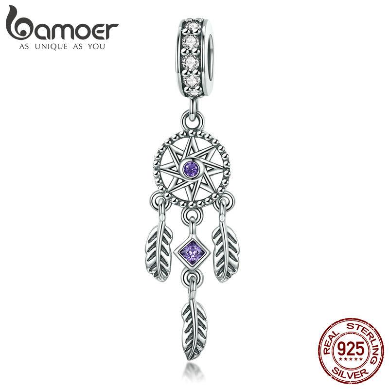 BAMOER Bohemian Style Dream Catcher 925 Sterling Silver Bead for Jewelry Making Feather Tassel Charm