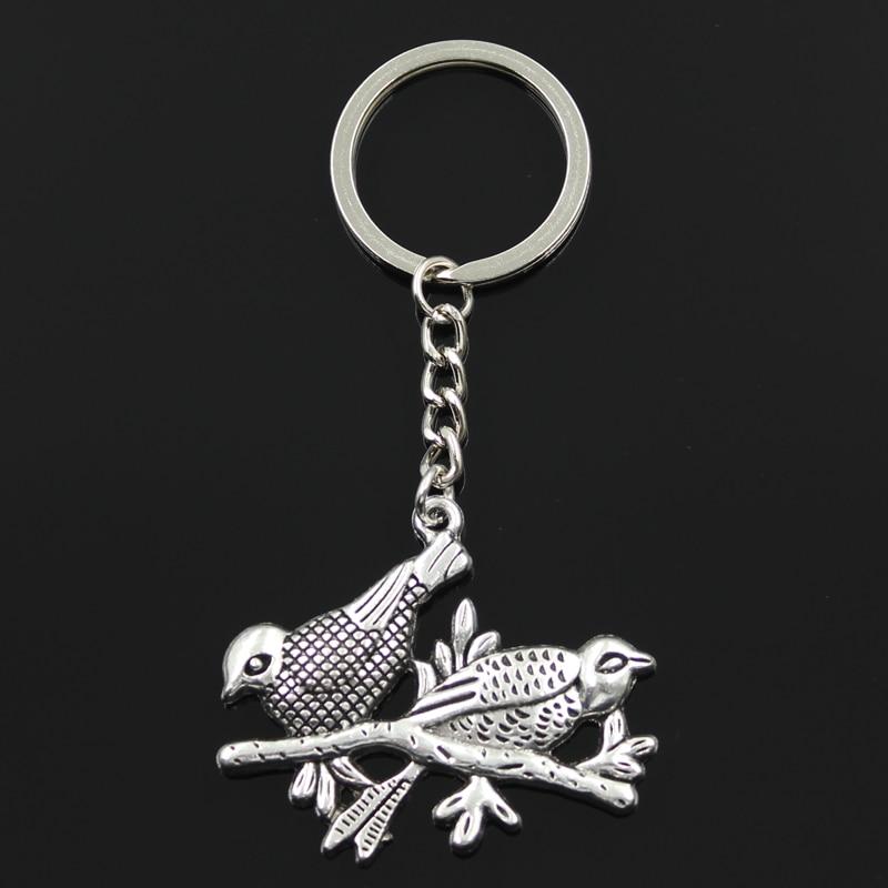 Fashion 30mm Key Ring Metal Key Chain Keychain Jewelry Antique Silver Color Plated Magpie Bird Stand Branch 42x49mm Pendant
