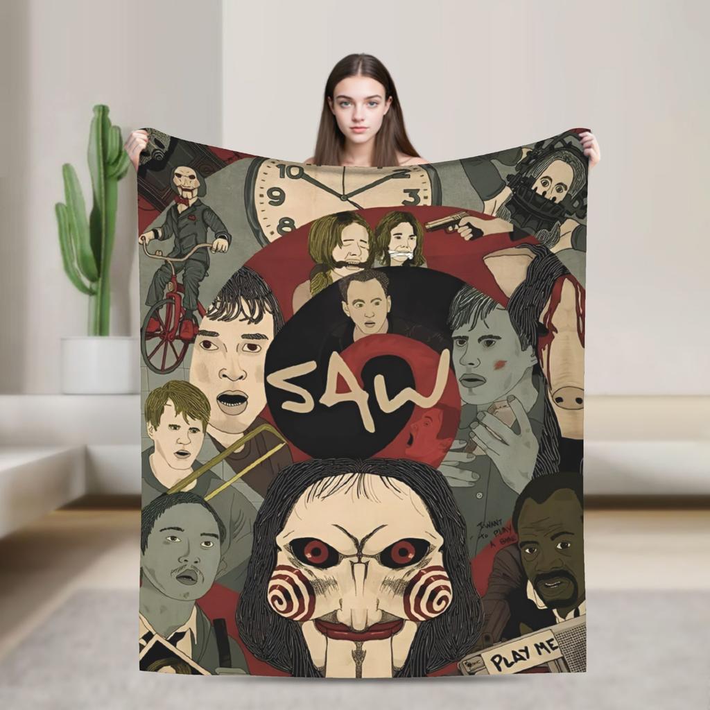 Saw Horror Movie Fashion Blanket Cover Funny Halloween Jigsaw Flannel Throw Fashion Blankets Home Couch Printed Soft Warm Bedspreads Breatha