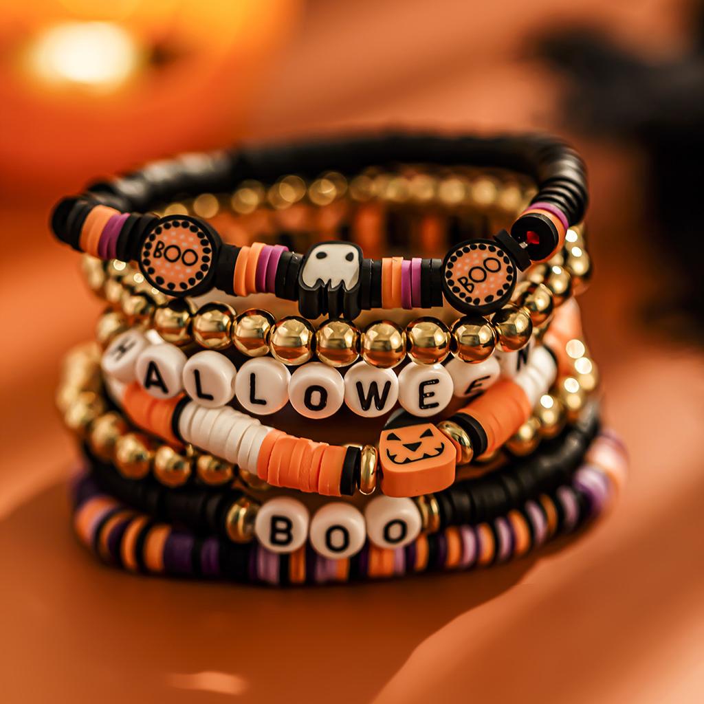 Halloween New Skull Pumpkin Bracelet Set, Witch Spider Mixed Color Beaded Kunjuan Hand