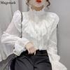 Fashion Ruffle Vintage Blouse Women Elegant Long Sleeve Lace Shirt Loose Chiffon Shirts Stand Collar Pleated Tops Blusas 15832