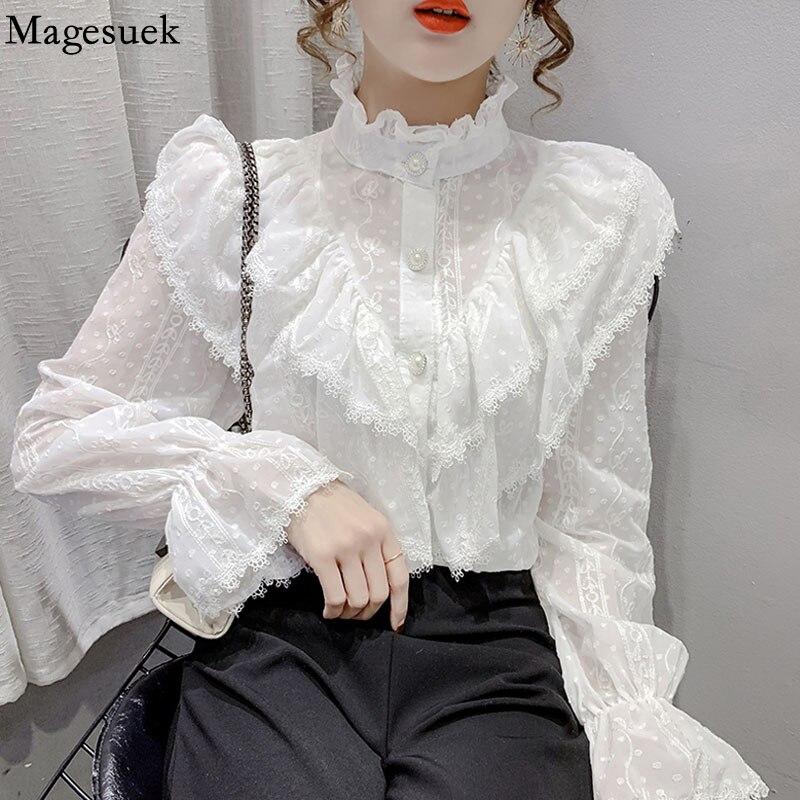 Fashion Ruffle Vintage Blouse Women Elegant Long Sleeve Lace Shirt Loose Chiffon Shirts Stand Collar Pleated Tops Blusas 15832