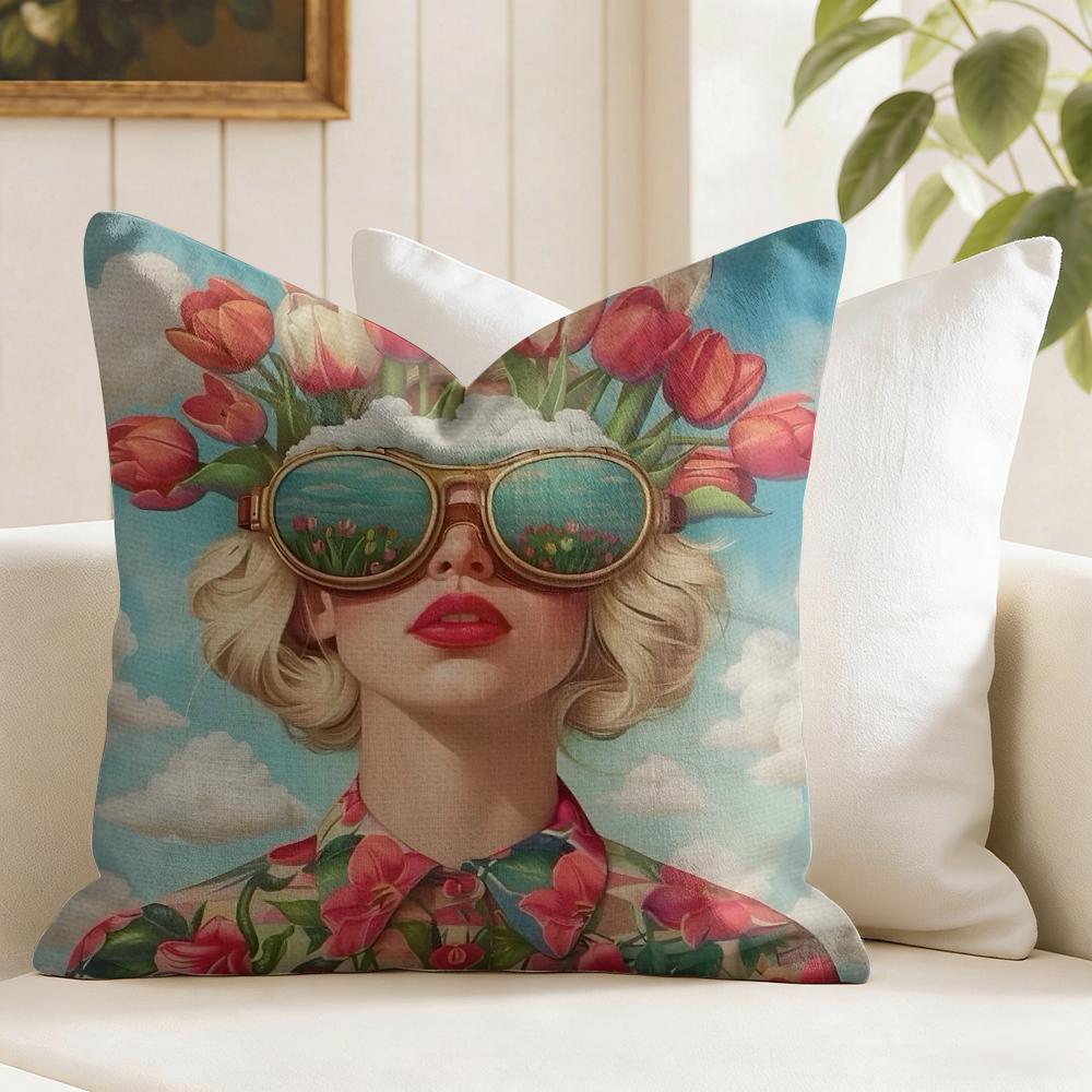 Flower Girl Aesthetic Cushion Cover Summer Linen Pillow Case Organic Fabric Cushion Cover DoubleSided Print Sofa Home Decor