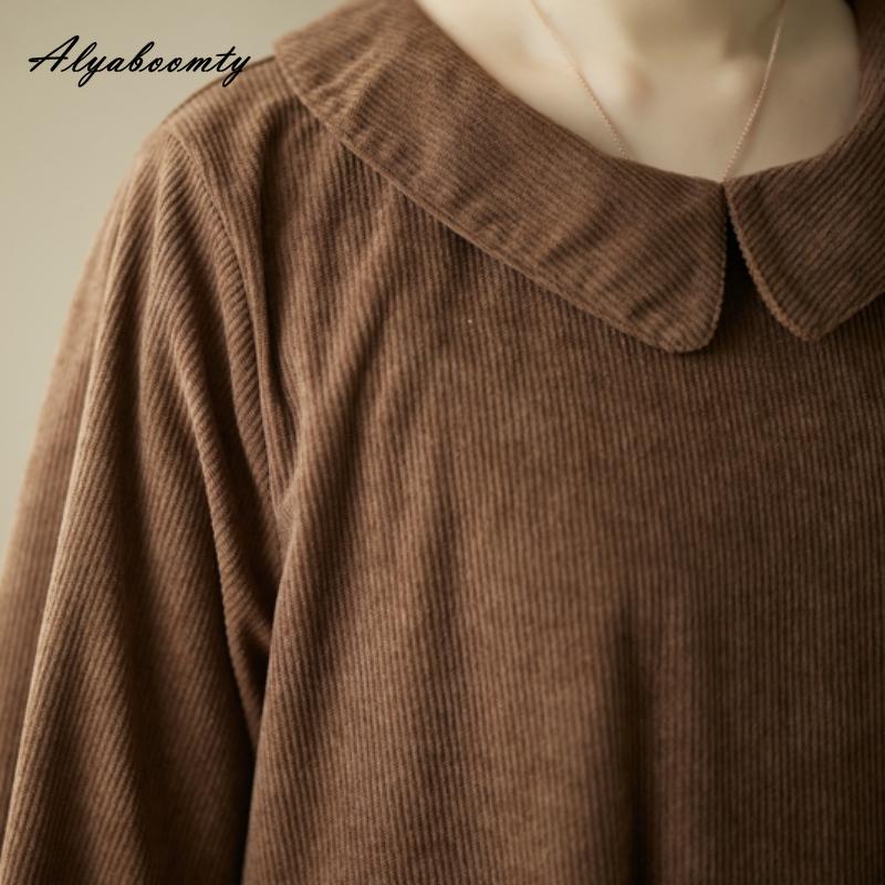 Плюс размер осень-весна женское платье большого размера с воротником Питера Пэна черно-зеленое кофейное повседневное свободное платье винтажное вельветовое платье с длинным рукавом