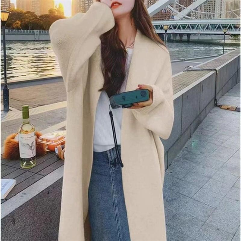 Кардиган женский вязаный премиум темпераментный средней длины, новый осенне-зимний, свободного ленивого стиля, повседневный, универсальный, куртка-свитер