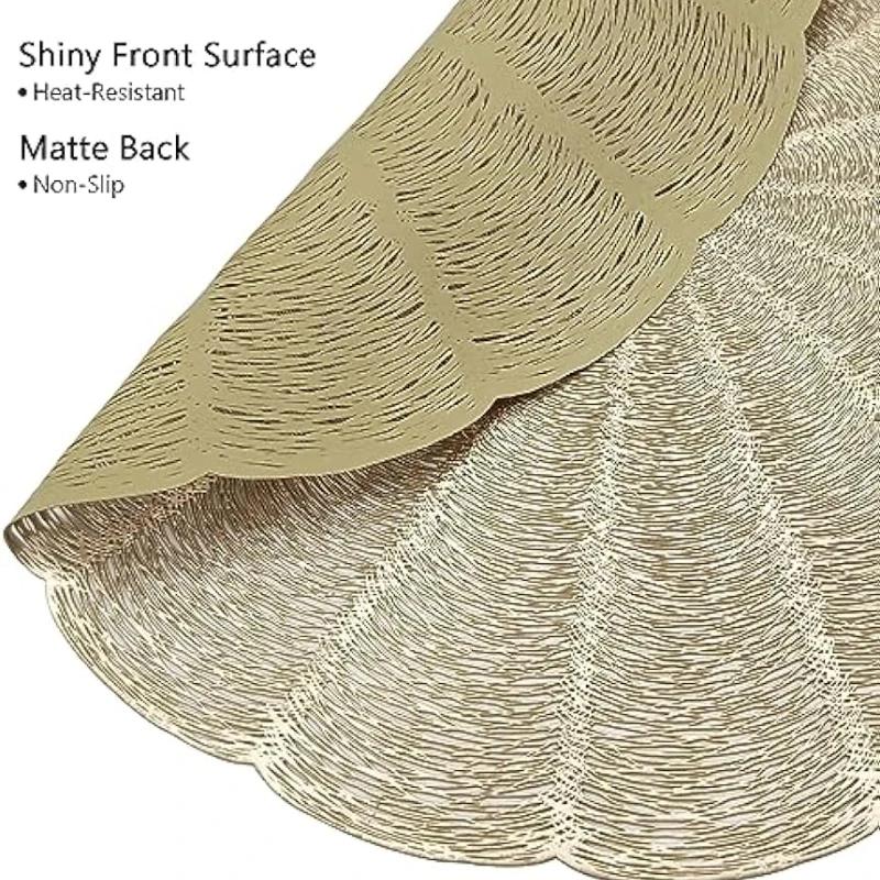 Набор из 6 подставок под тарелки Круглые Золотые Виниловые Легко моющиеся Нескользящие Жаростойкие 15" для Обеденного стола Свадебной вечеринки Фестиваля