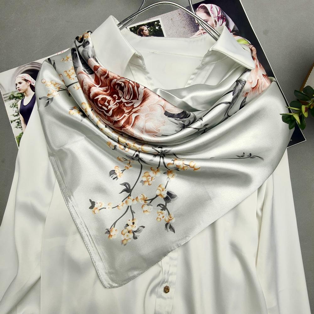 Silver White Silk Scarf Headscarf For Women Elegant Chinese Rose Silk Big Square Scarves Shawl Fashion Hair Silk Scarf