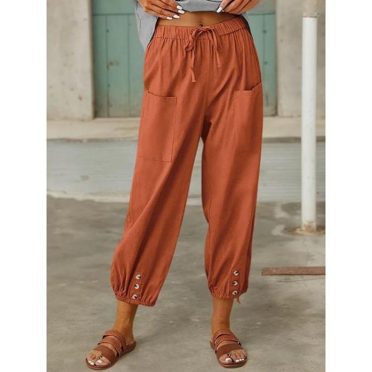Осень Женские Хлопково-Льняные Эластичная Талия Высокая Посадка Широкие Штанины Свободные Прямые Брюки Однотонные Женские Брюки