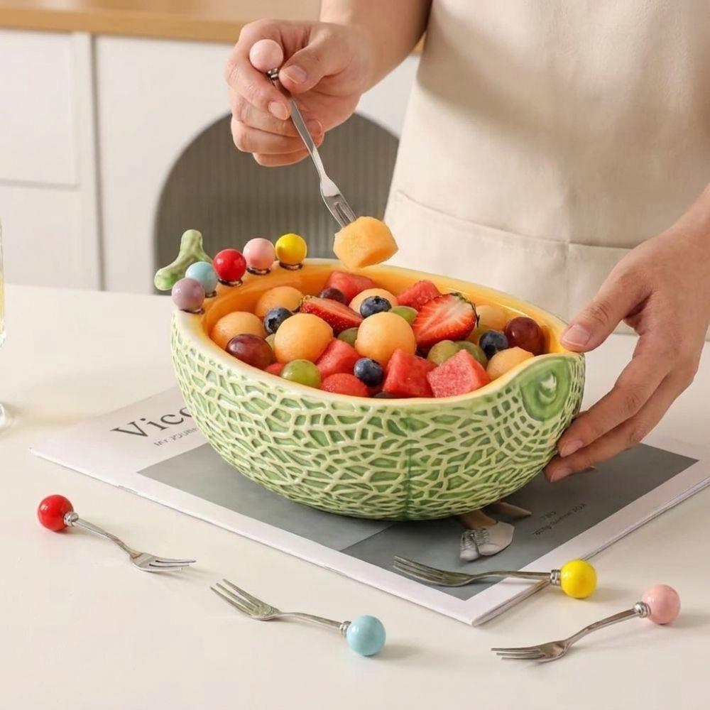 Ceramics Fruit Serving Plate Hami Melon Shape Snack Plate with Fork Dessert Serving