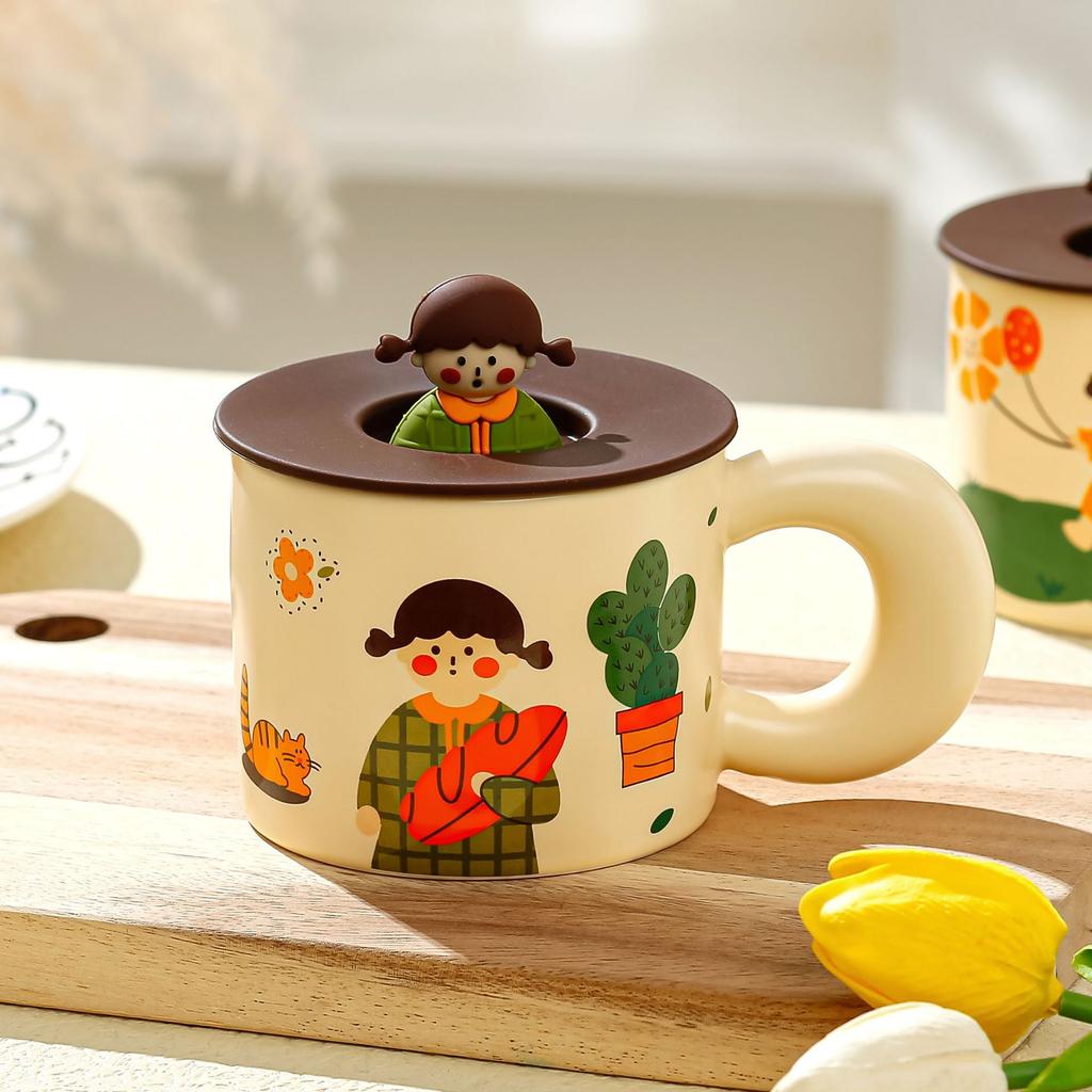 Милая мультяшная керамическая кружка бытовая кружка питьевая вода круглая кофе молоко высокая термостойкость высокий внешний вид с крышкой