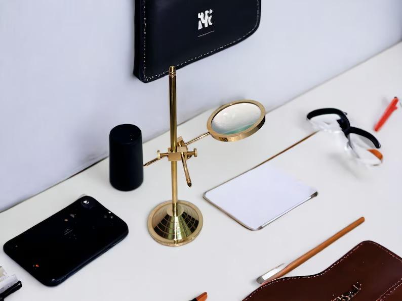 Brass Magnifier On Stand, Marine Adjustable Magnifying Glass, Decorative Vintage Table Top Magnifying Glass, Nautical Gift for Men