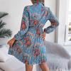 Women's Casual Elegant Flower Print Long Sleeve Tie Waist Long Sleeve Pleated Skirt Dress