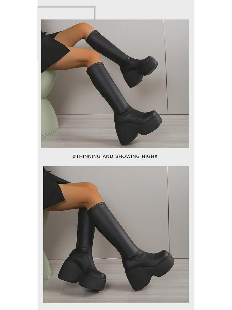 Dropshipping2024 Punk Thick-Soled Wedge High-Top Boots 40-43: European & American Fashion Women's Boots