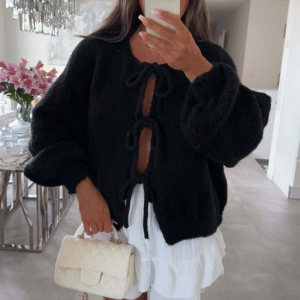 Women‘s Round Neck Long Sleeve Lace-Up Fitted Cardigan Coat