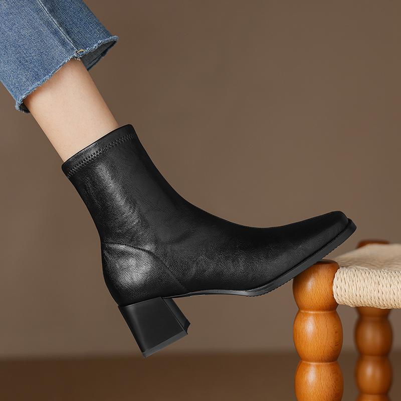 Krazing Pot Microfiber Autumn Winter Shoes Thick High Heels Chelsea Boots Square Toe Keep Warm Zipper Ankle Boots