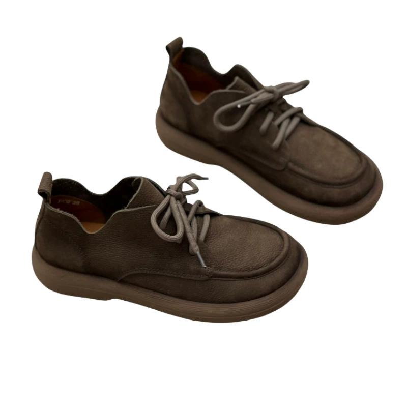 Женские туфли ручной работы с круглым носком в стиле ретро, с плоским верхом, с высоким берцем, со шнуровкой, из мягкой воловьей кожи, женские одинарные туфли