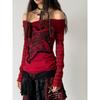Gothic Off Shoulder Women T-shirts Red Harajuku Striped Japanese Y2k AestheticLong Sleeve Tops Vintage Goth Sexy Tshirts