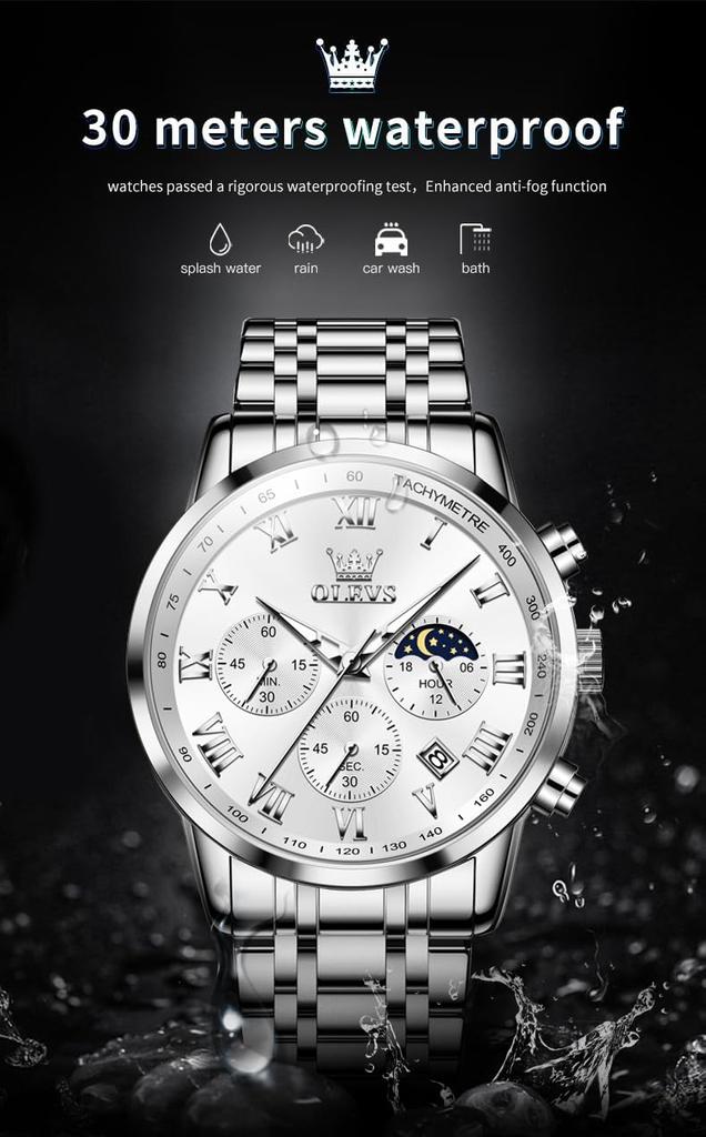 OLEVS кварцевые водонепроницаемые светящиеся аналоговые популярные стильные часы модные деловые классические часы с ремешком из нержавеющей стали для мужчин белые мужские