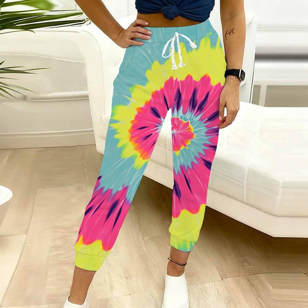 Летние женские спортивные штаны с принтом tie-dye в стиле брызг чернил, свободный крой, на шнурке, с эластичными манжетами, для повседневной носки