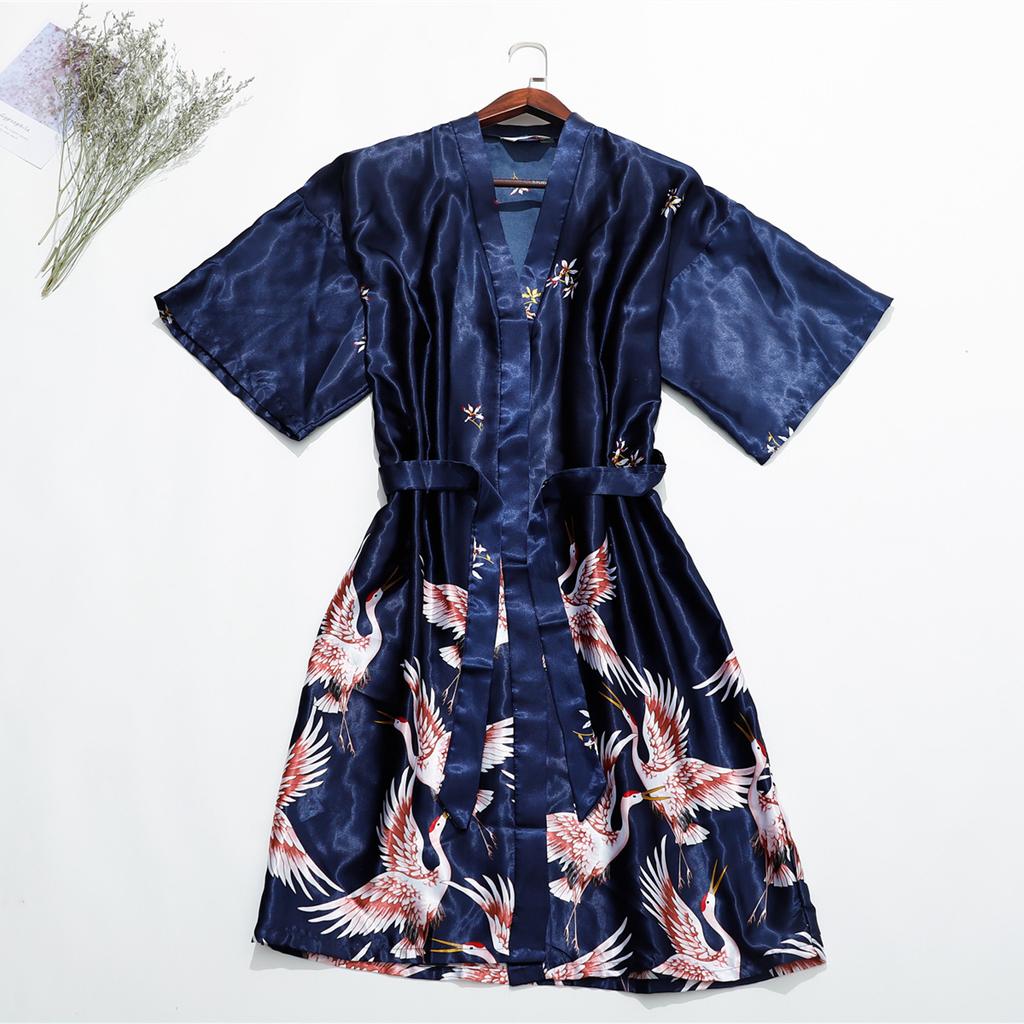 Sleeping Robe Cranes Printed Imitation Silk Single Robe Wedding Bridesmaid Morning Robe Home Increase Robe Fashion Temperament Elegant