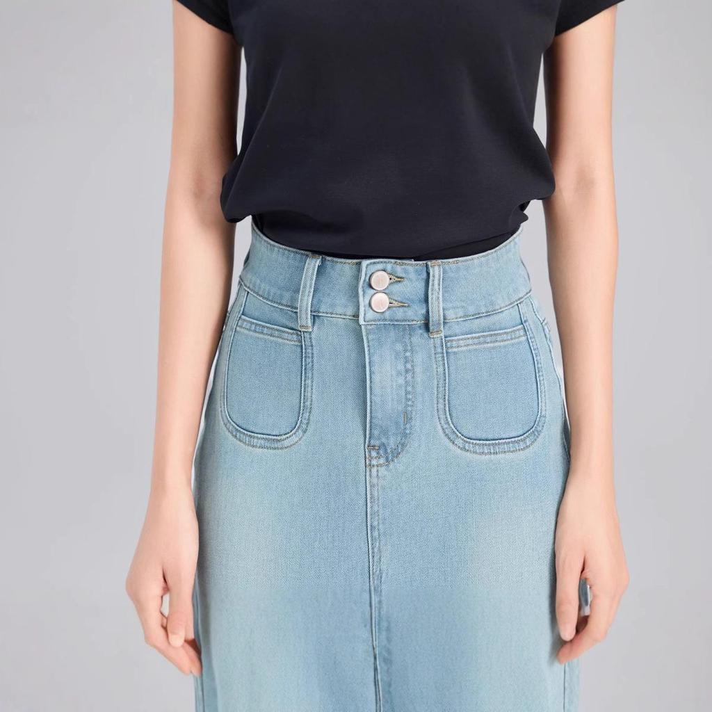 Women's Light Blue High-Waist Denim Midi Skirt with Back Slit and Double Buttons, Spring 2025 Collection – Elastic, Slimming Long Skirt