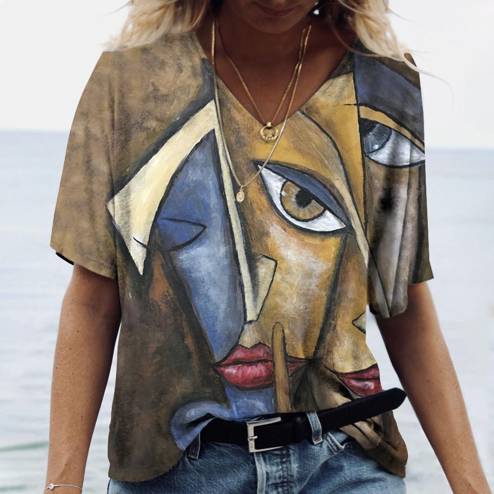 Винтажная женская футболка с V-образным вырезом, модный топ с абстрактным принтом лица 3D, уличный стиль, короткий рукав, футболка