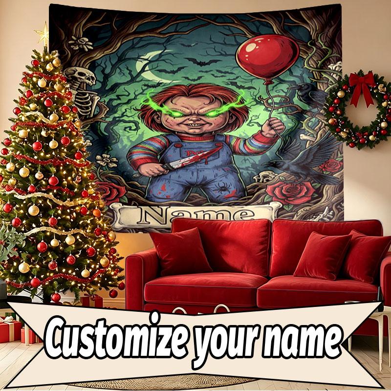 Custom Name Personalized Horror Theme Chucky Print Tapestry, Wall Art Decor, Bedroom, Dorm, Apartment, LivingRoom, Party Backdrop, Gift for Birthday