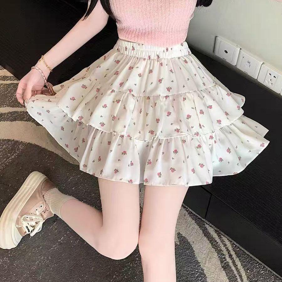 Women Pleated A-line Skirts White Ruffles Sweet Hottie Elastic Waist Slim Thin Simple Casual Summer Cake Skirt