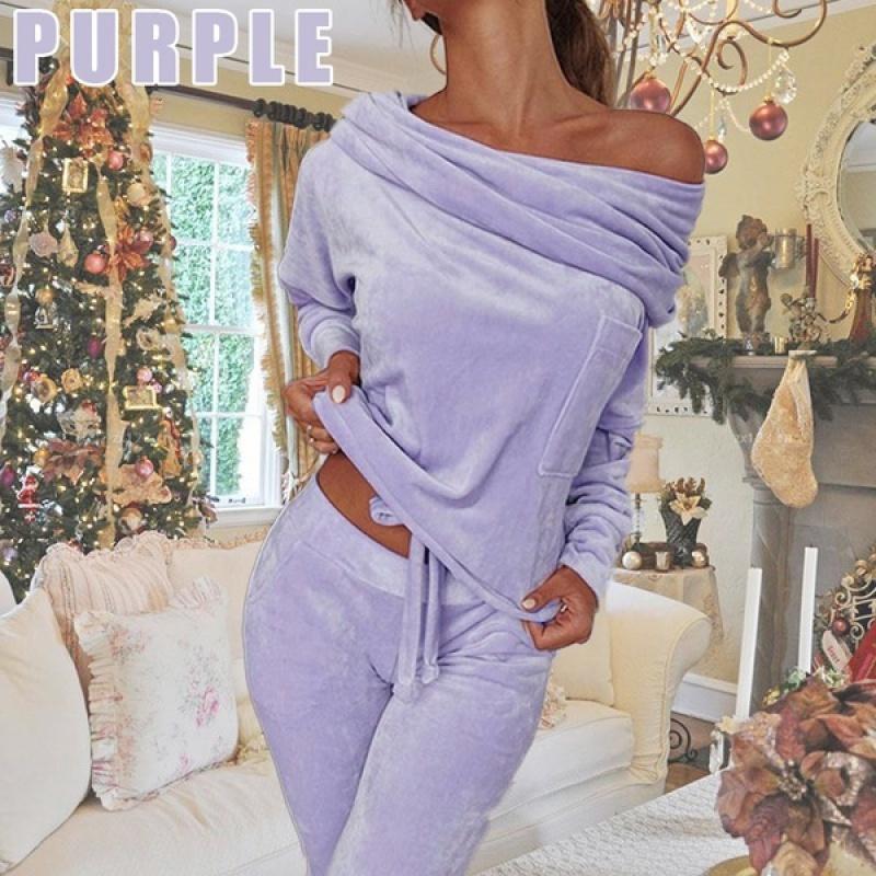 Women's 2023 New Autum Winter Fashion Casual 2-piece Coral Velvet Off-shoulder Top + Trousers Suit Running Suit Breathable Sportswear Yoga Suit