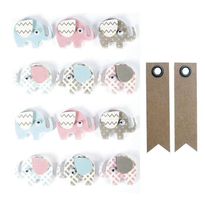 12 3D Elephants Stickers 4.3 Cm + 20 Kraft Pennant Labels