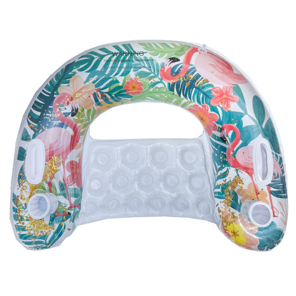 Плавательный круг со спинкой в виде фламинго с пайетками большого размера, с подстаканником и ручками