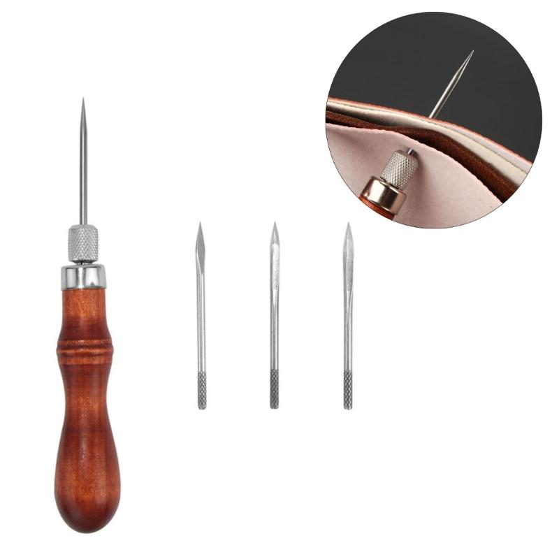 Hand Sewing Awl Set Pin Punching Wood Handle for Leatherworking Enthusiasts