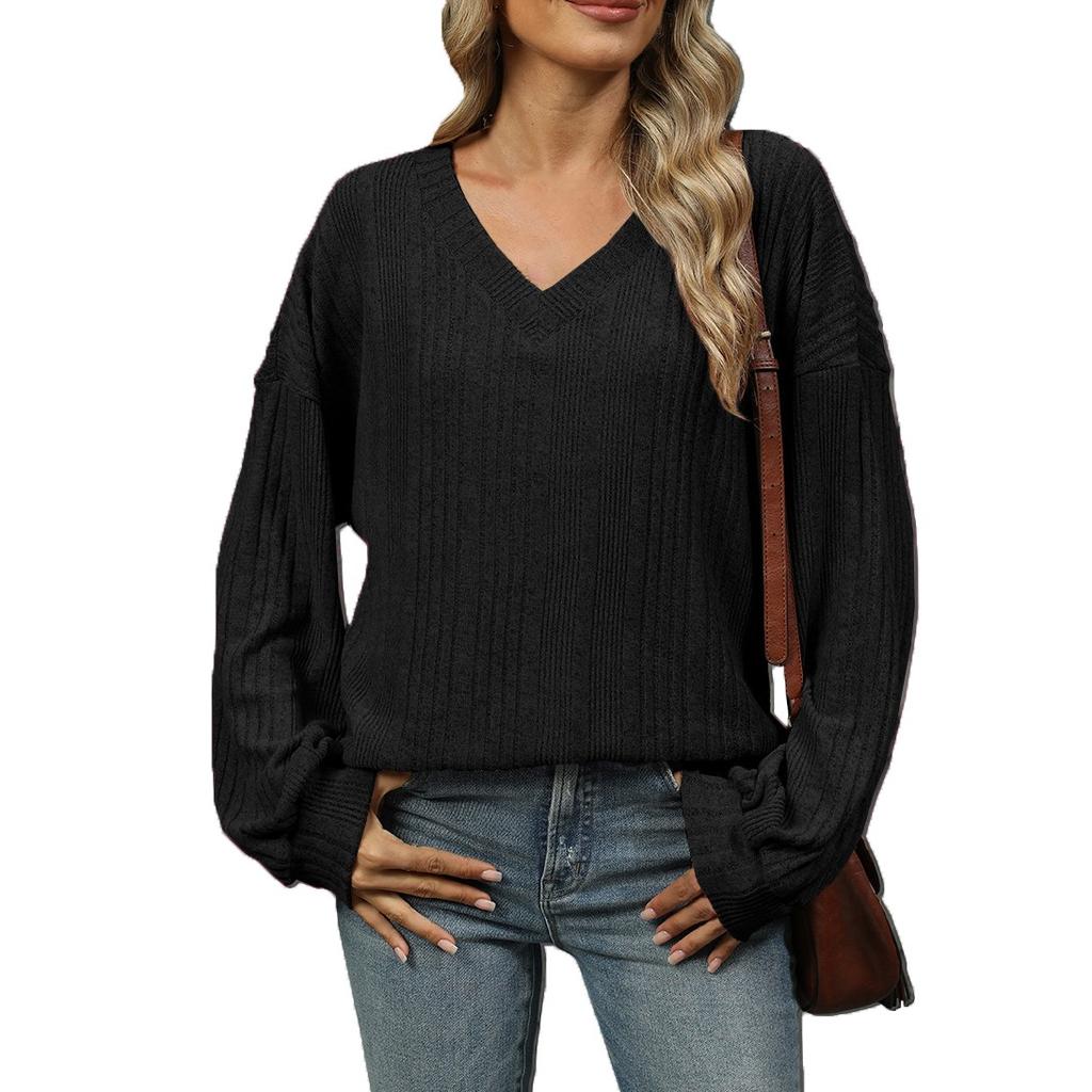 Женская модная свободная однотонная повседневная футболка с длинным рукавом и V-образным вырезом