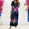 Women Plus Size V Neck Short Sleeve Butterfly Printed Black Long Straight Dress