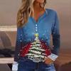 Женская футболка с рождественским принтом на пуговицах с длинным рукавом, повседневная, выходного дня, модная, базовая, с V-образным вырезом, обычная