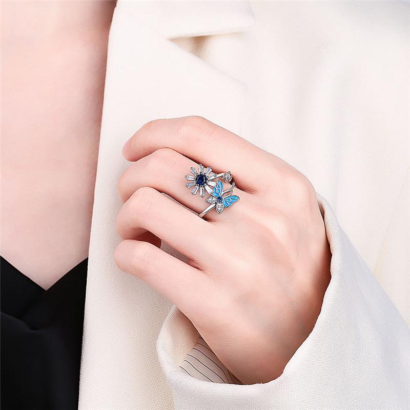 Fashion Beads Anxiety Ring Fidget Spinner Rings Korea Crystal Butterfly Flower Star Moon Ring Anti Stress Jewelry Gift