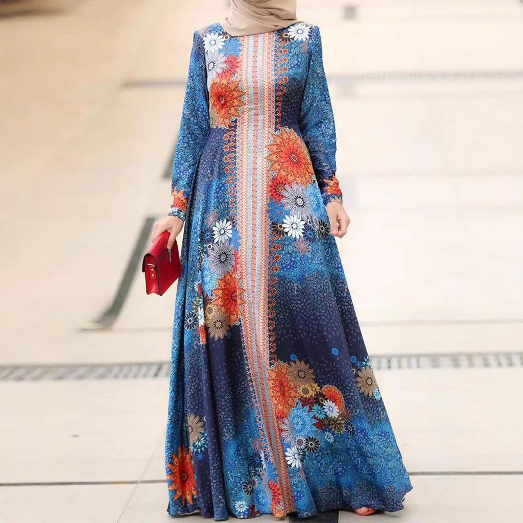 Женское элегантное длинное платье с круглым вырезом и длинными рукавами