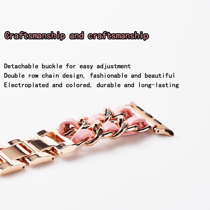 Watchband Double Row Metal Denim Chain Gold Wristband for Apple Watch Band 38 40 41 42 44 45 49 Mm Strap Lady Metal Leather Bracelet