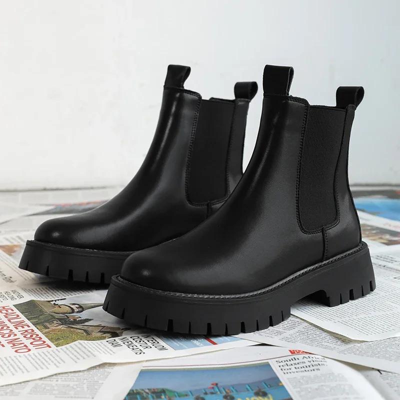 Уличные кожаные мужские ботинки без застежек на платформе, роскошные брендовые мужские зимние плюшевые ботинки для снега, модные универсальные мужские ботинки для мотокросса