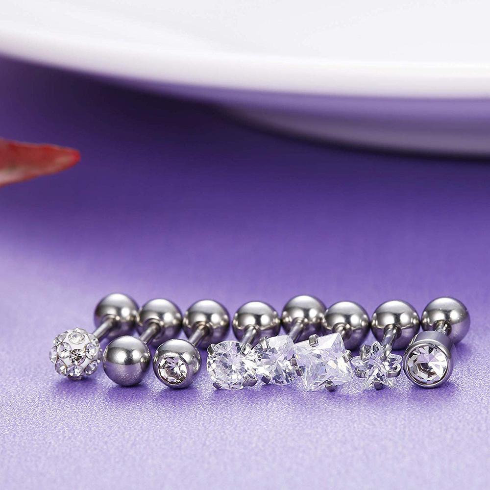 10 пар хрустальных лабретов, набор для пирсинга, цветочные сердечки, мини-серьги-гвоздики, набор для пирсинга козелка, раковины, спиральные кольца для носа