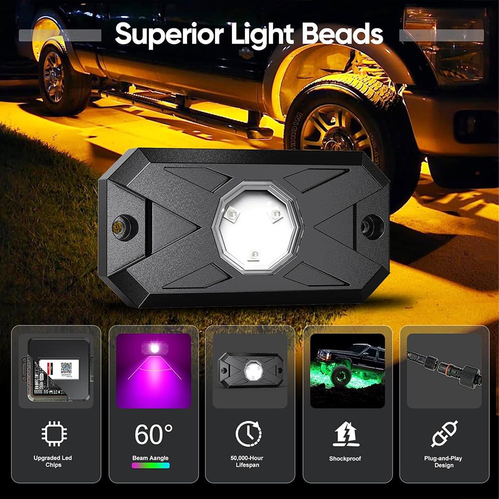 Подсветка Rock Lights 8/12 Pods RGB Led Multi Color App Remote Control Music Mode Well For Pickup ATV RZR UTV Chassis Light