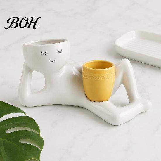 Artistic Flower Vessel Lazy Guy Planter, Little Character Flowerpot Ornament, Creative Lying Succulents Planter Humanoid Double Pot for Home